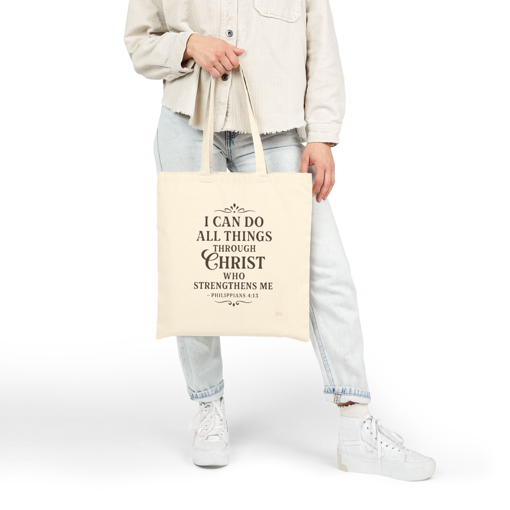 I can do all things through Christ who strengthens me. — Philippians 4:13 | Cotton Canvas Tote Bag