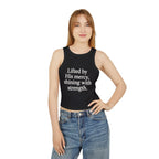 Lifted by His mercy, shining with strength. | Women's Micro Rib Racer Tank Top