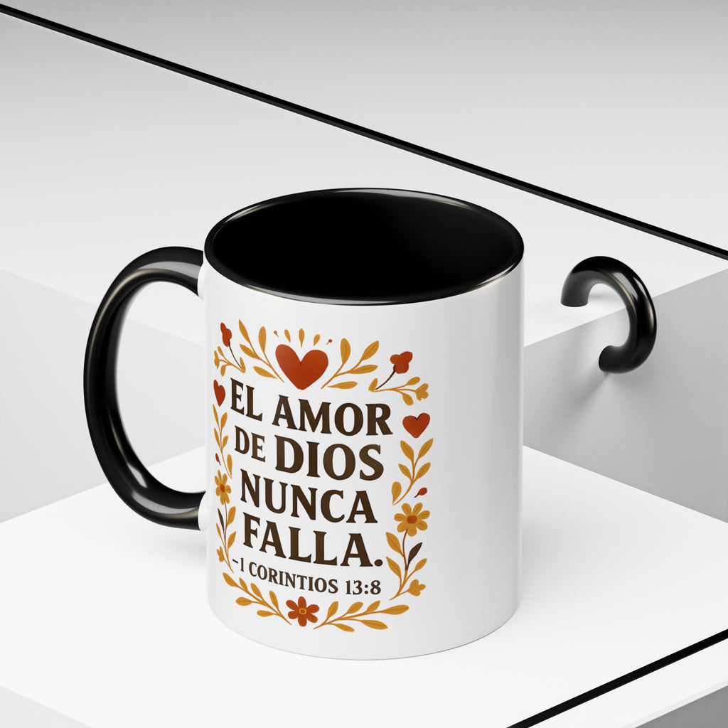 El amor de Dios nunca falla. — 1 Corintios 13:8 | Accent Coffee Mug